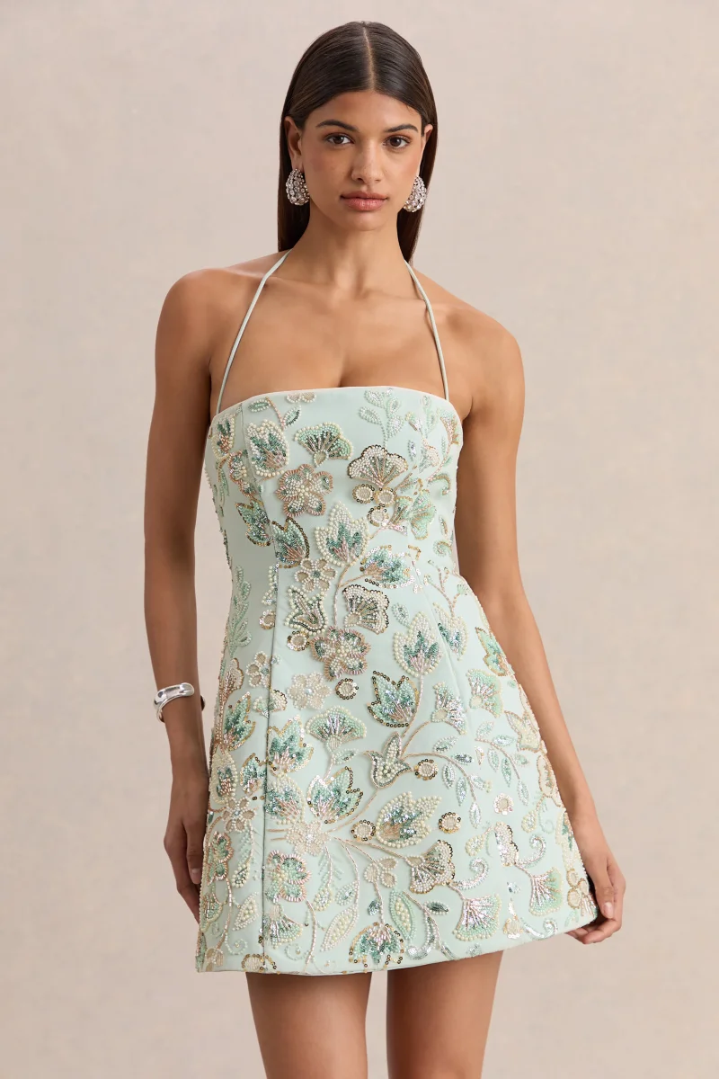 Brianna | Azul Floral Adornado Escote Cuadrado Vestido Corto - Imagen 4