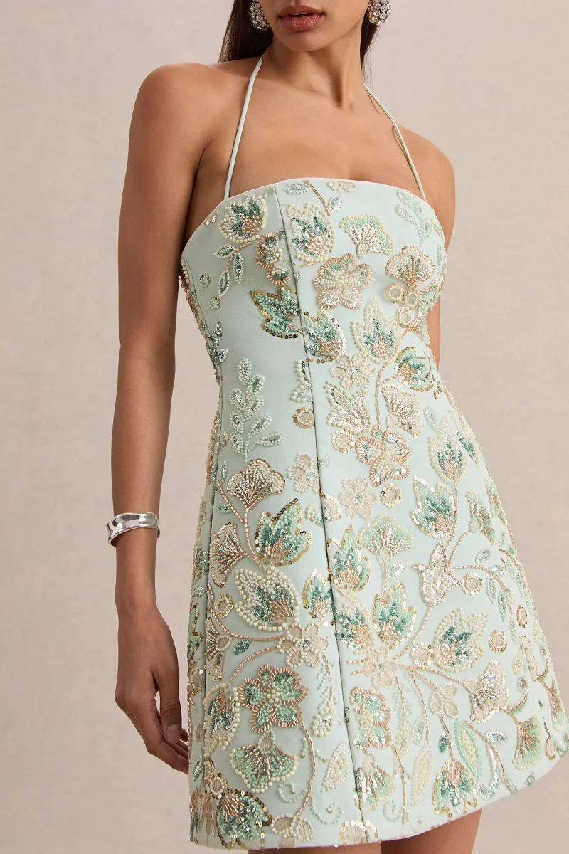 Brianna | Azul Floral Adornado Escote Cuadrado Vestido Corto - Imagen 6