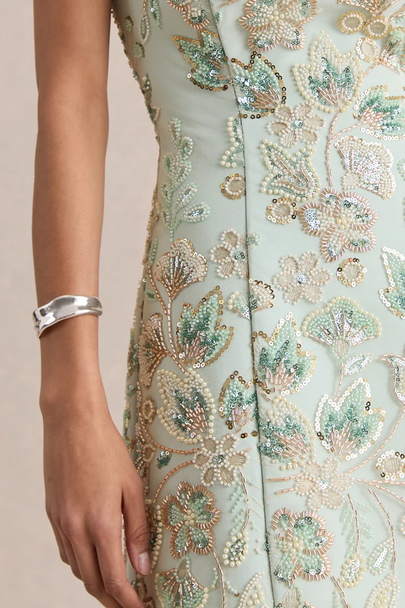 Brianna | Azul Floral Adornado Escote Cuadrado Vestido Corto - Imagen 7