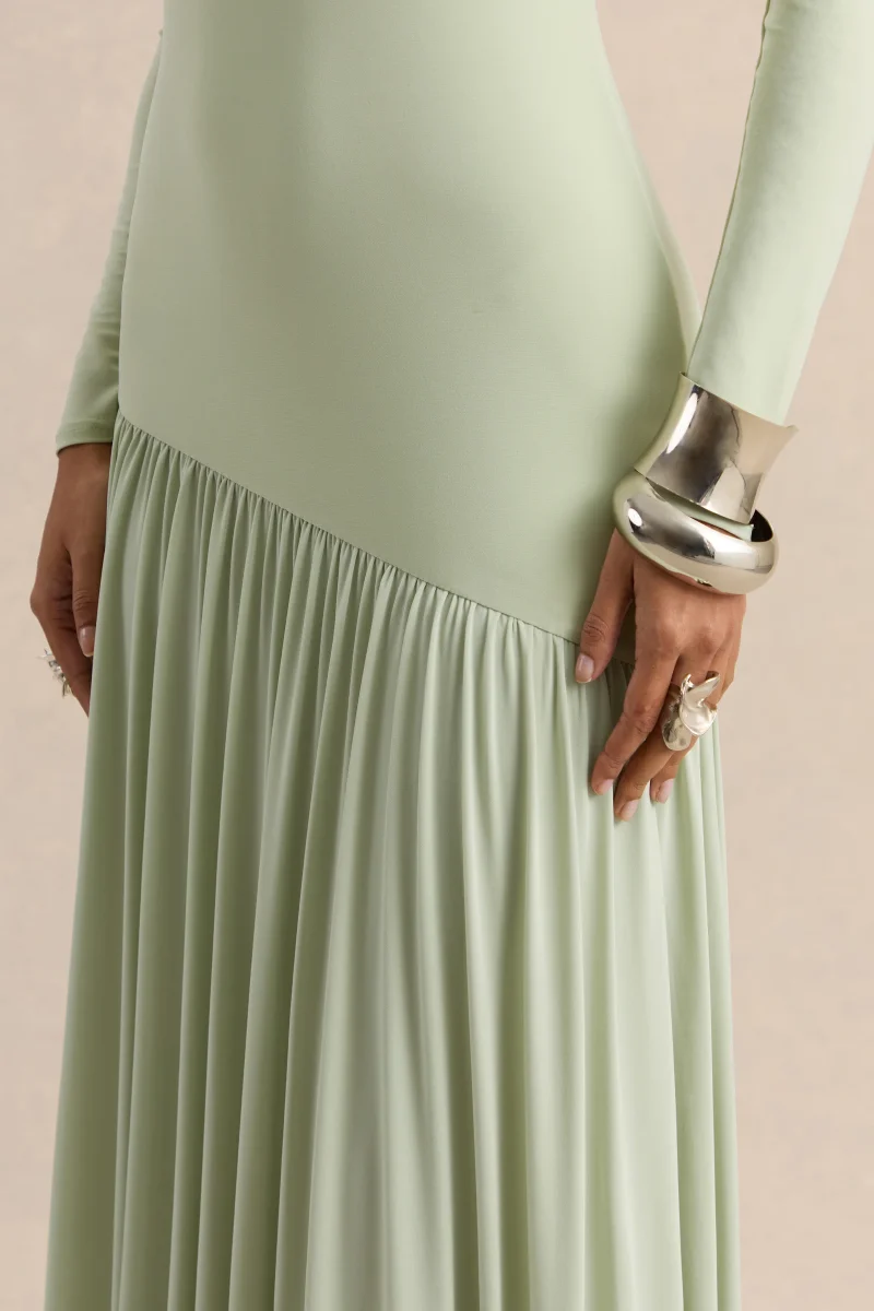 Jasira | Menta Cuello Redondo Vestido Largo con Asimétrico Cintura Baja - Imagen 6