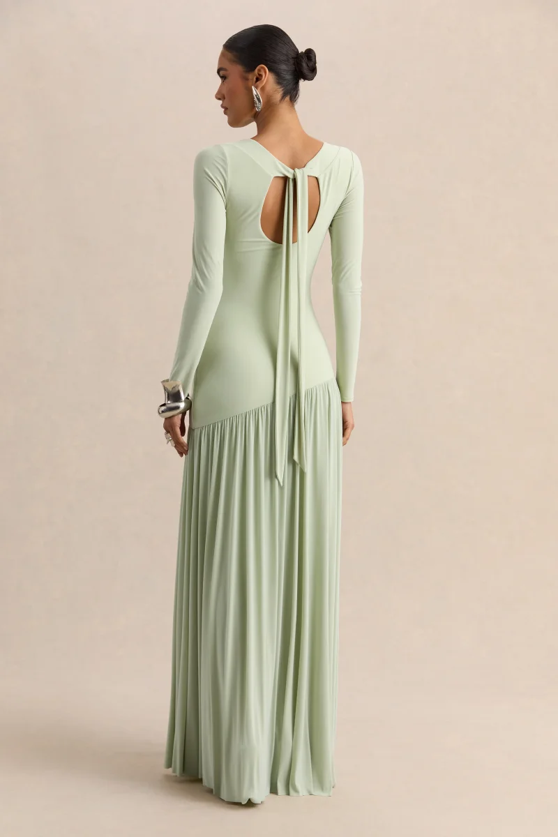 Jasira | Menta Cuello Redondo Vestido Largo con Asimétrico Cintura Baja - Imagen 3