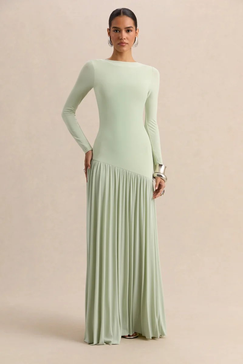 Jasira | Menta Cuello Redondo Vestido Largo con Asimétrico Cintura Baja