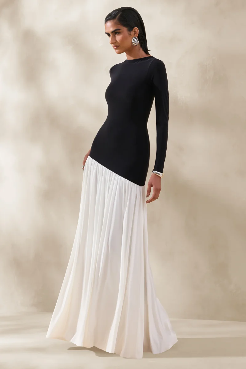 Jasira | Negro y Blanco Cuello Redondo Vestido Largo con Cintura Caída Asimétrica - Imagen 5