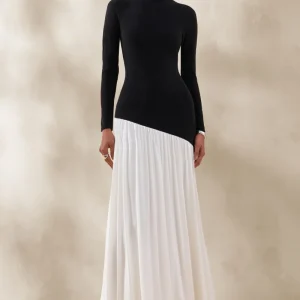 Jasira | Negro y Blanco Cuello Redondo Vestido Largo con Cintura Caída Asimétrica