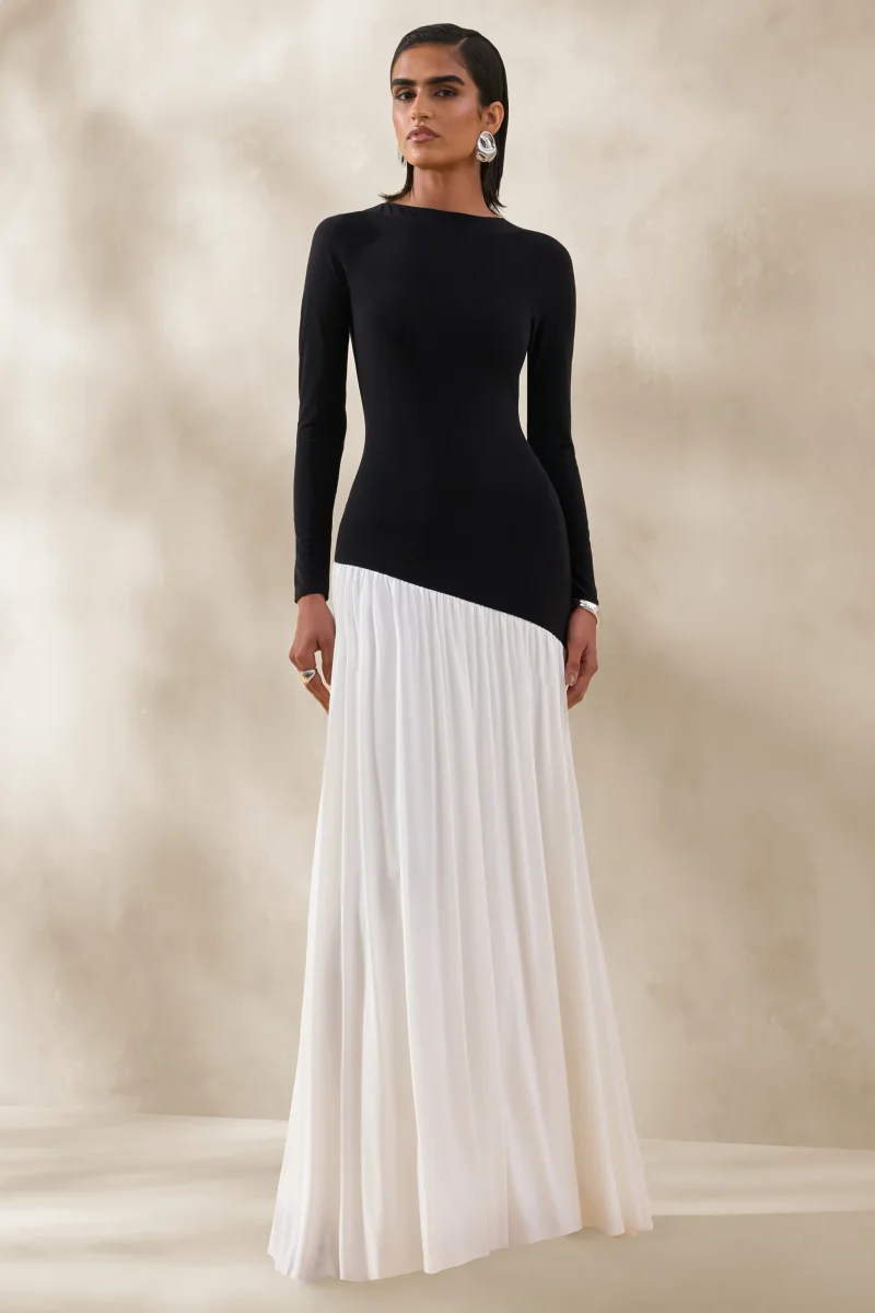 Jasira | Negro y Blanco Cuello Redondo Vestido Largo con Cintura Caída Asimétrica