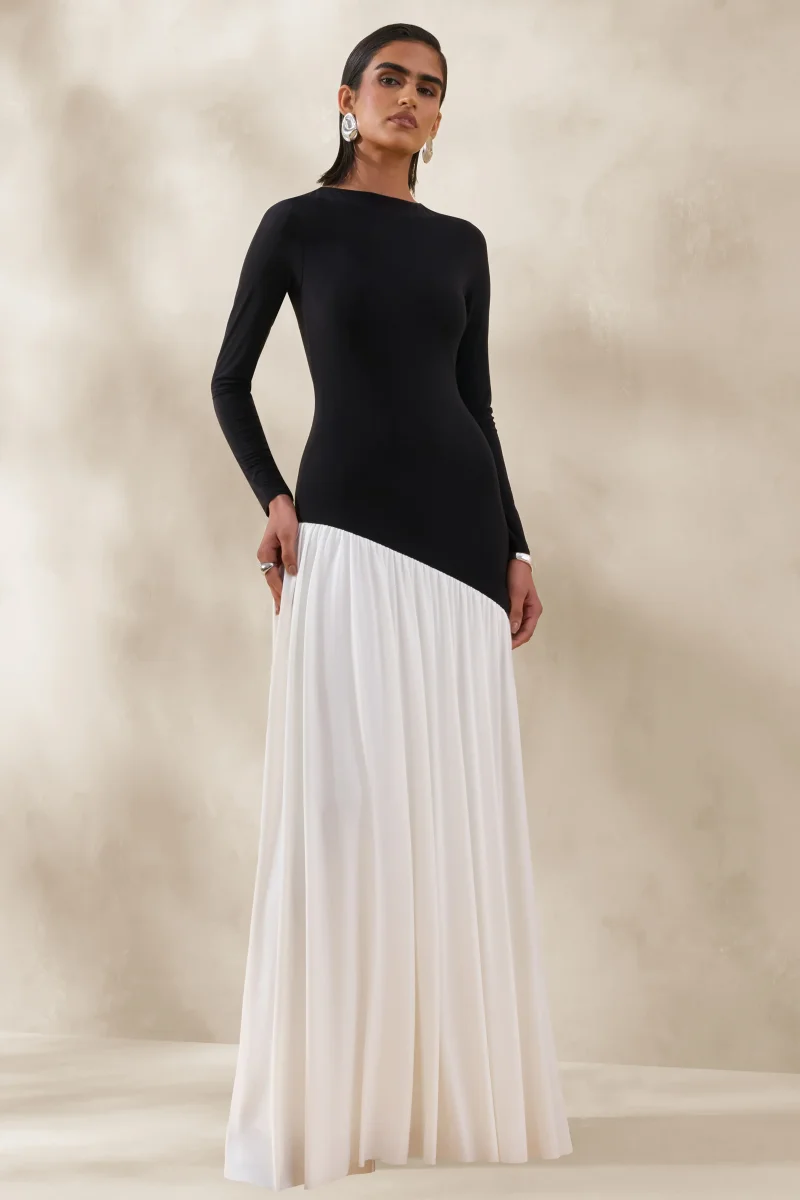 Jasira | Negro y Blanco Cuello Redondo Vestido Largo con Cintura Caída Asimétrica - Imagen 6