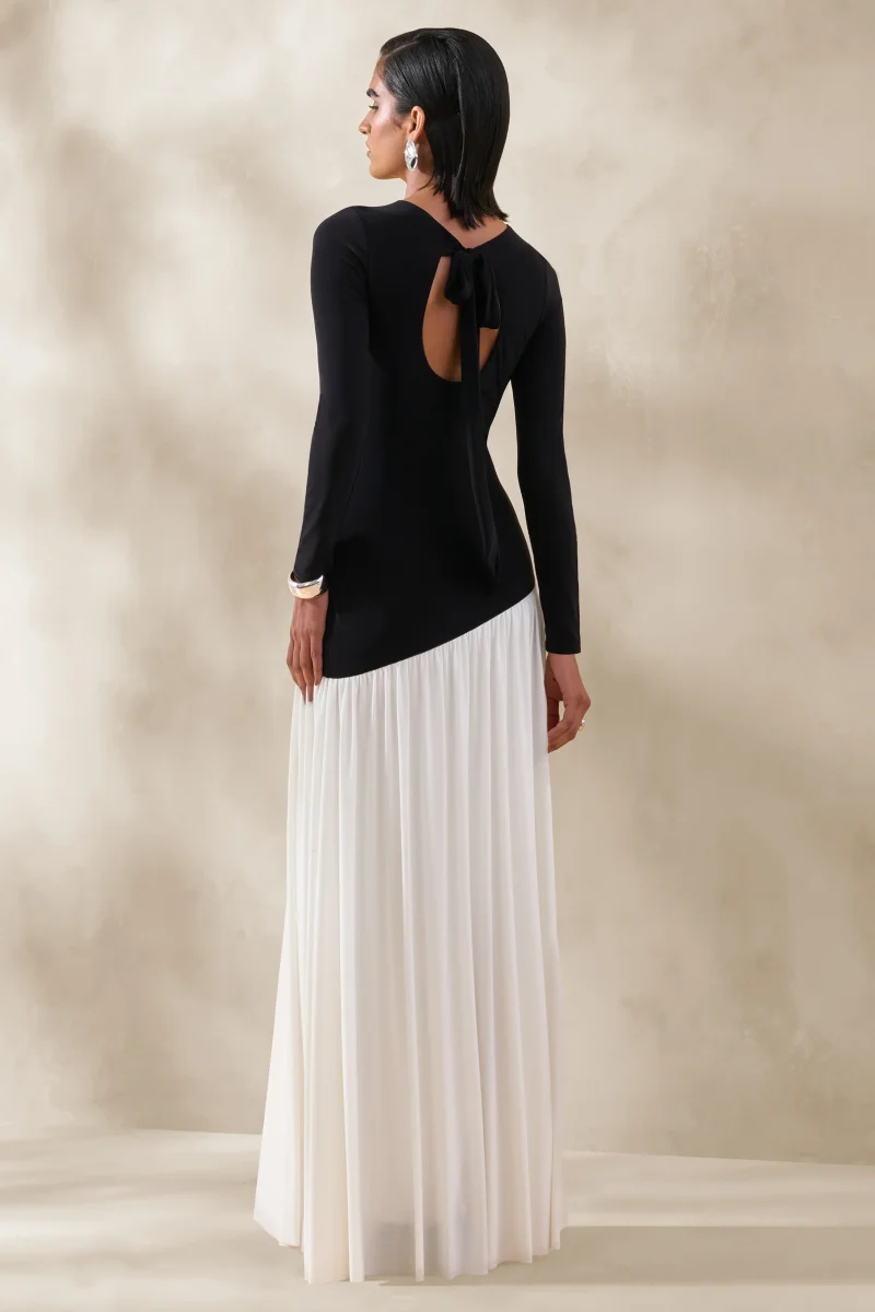 Jasira | Negro y Blanco Cuello Redondo Vestido Largo con Cintura Caída Asimétrica - Imagen 3
