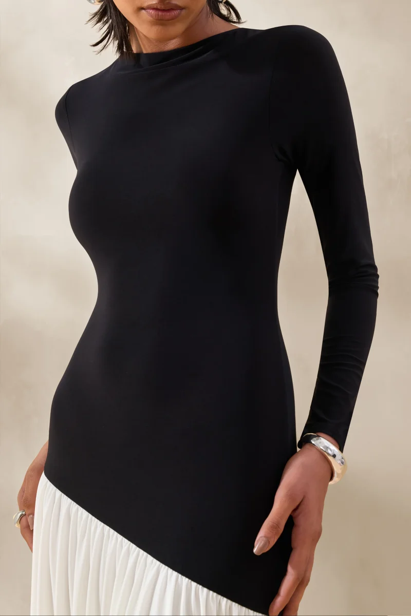 Jasira | Negro y Blanco Cuello Redondo Vestido Largo con Cintura Caída Asimétrica - Imagen 4