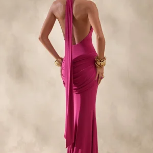 Daisy | Vestido Largo Rosa Fucsia Con Escote Halter Y Detalle Drapeado