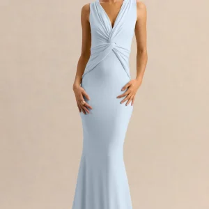 Holly | Vestido Largo Azul celeste de Escote Pronunciado con Detalle de Torsión