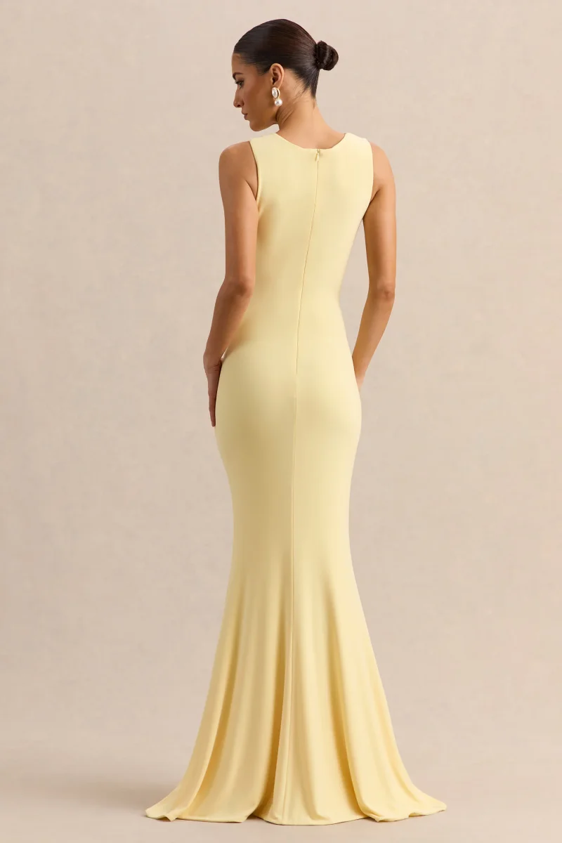 Holly | Vestido Largo Limón de Escote Pronunciado con Detalle de Torsión - Imagen 3