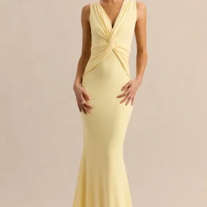 Holly | Vestido Largo Limón de Escote Pronunciado con Detalle de Torsión