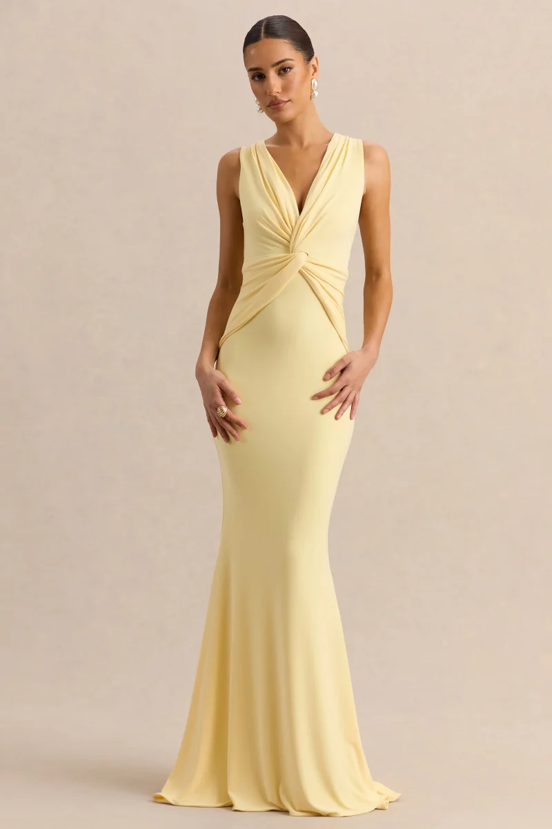 Holly | Vestido Largo Limón de Escote Pronunciado con Detalle de Torsión