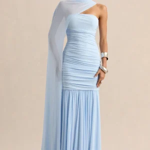 Ivanka | Azul Celeste Escote Asimétrico Vestido Largo con Manga Capa