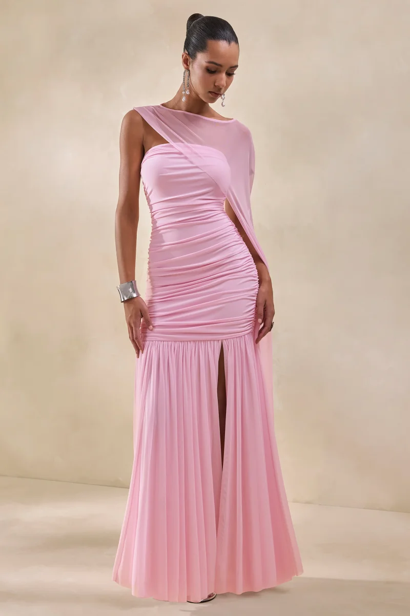 Ivanka | Vestido Largo Rosa De Cuello Asimétrico Con Manga Capa - Imagen 6