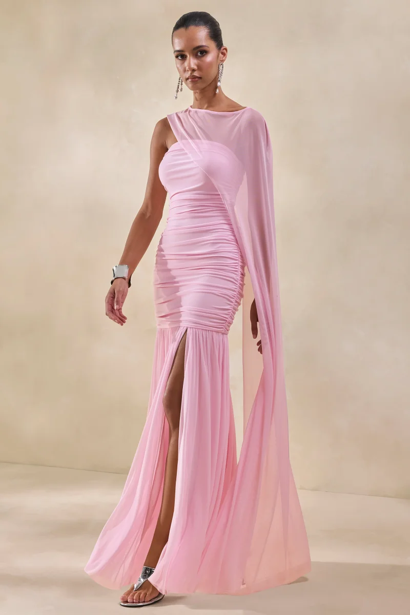Ivanka | Vestido Largo Rosa De Cuello Asimétrico Con Manga Capa - Imagen 5