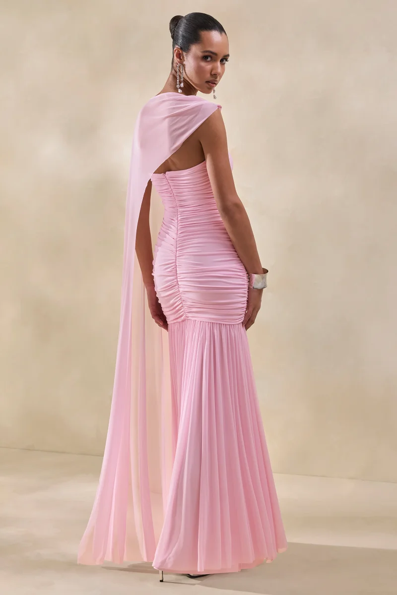 Ivanka | Vestido Largo Rosa De Cuello Asimétrico Con Manga Capa - Imagen 3