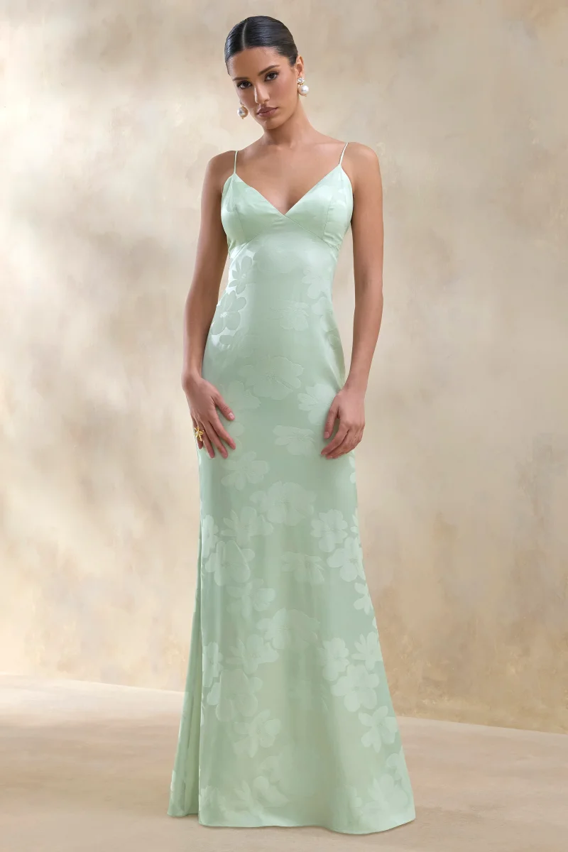 Carelle | Vestido Largo de Satén Verde con Escote en V Profundo y Cintura Asimétrica - Imagen 5