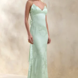 Carelle | Vestido Largo de Satén Verde con Escote en V Profundo y Cintura Asimétrica