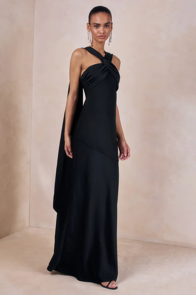 Sloane | Negro Satén Cuello Halter Vestido Largo con Capa - Imagen 5