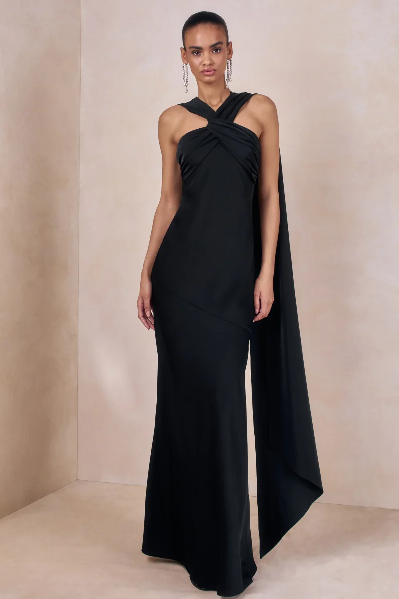 Sloane | Negro Satén Cuello Halter Vestido Largo con Capa - Imagen 6
