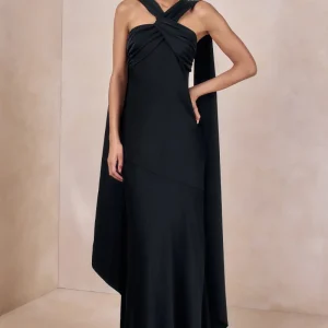 Sloane | Negro Satén Cuello Halter Vestido Largo con Capa
