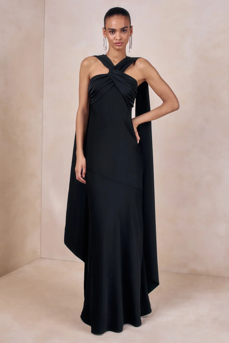 Sloane | Negro Satén Cuello Halter Vestido Largo con Capa - Imagen 2