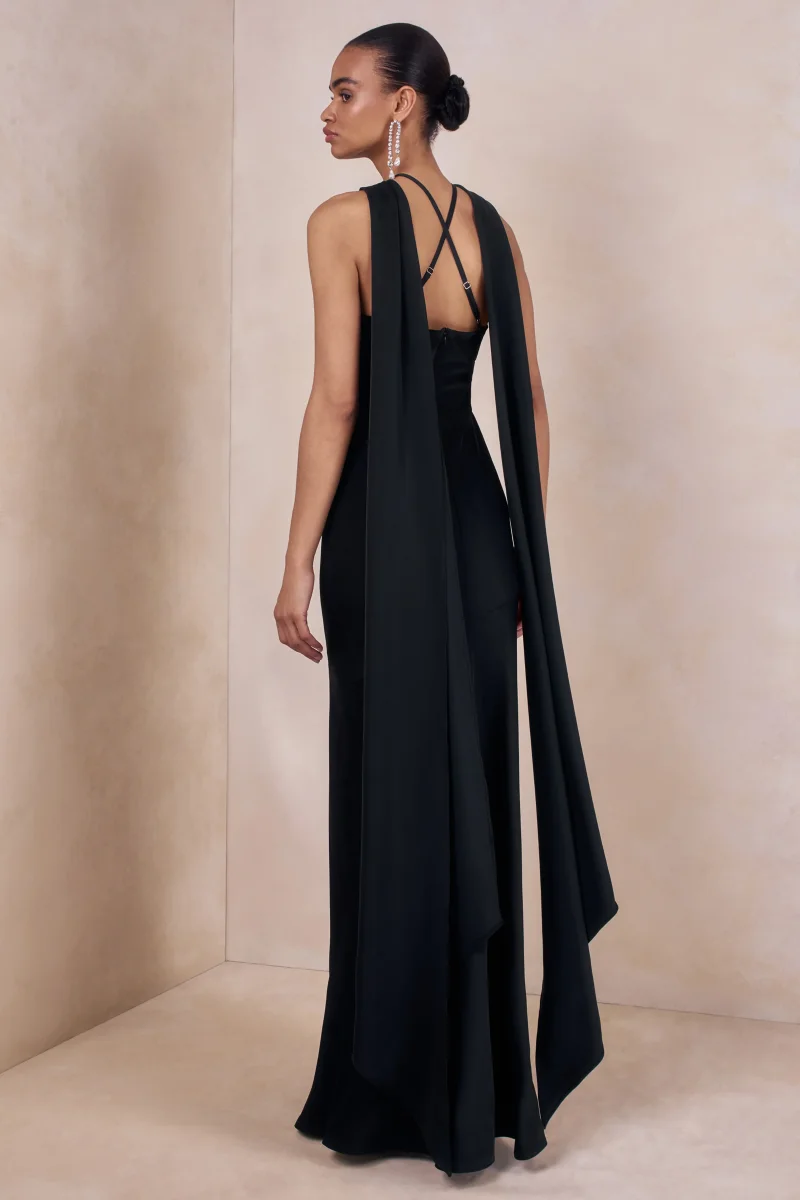 Sloane | Negro Satén Cuello Halter Vestido Largo con Capa - Imagen 3