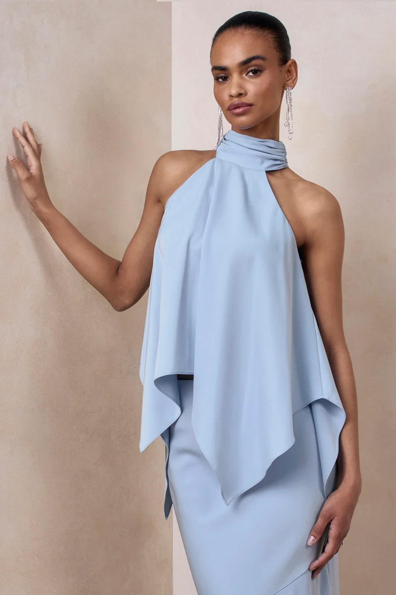 Sancelle | Azul Celeste Satén Cuello Halter Top - Imagen 2