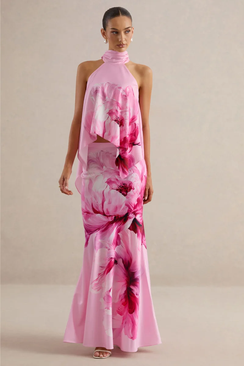 Sancelle | Top de Satén Mate con Estampado Floral de Bordes Rosa y Escote Halter - Imagen 3