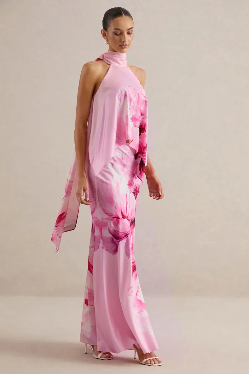 Sancelle | Top de Satén Mate con Estampado Floral de Bordes Rosa y Escote Halter - Imagen 7