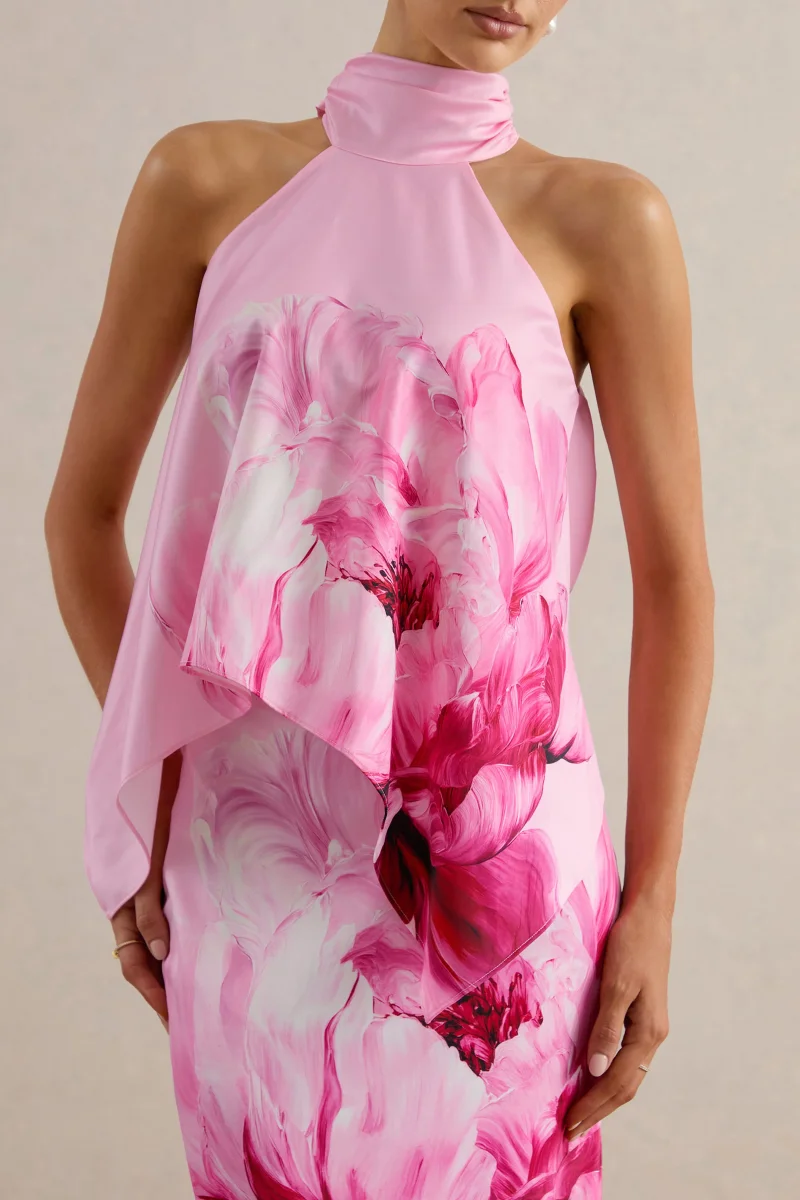 Sancelle | Top de Satén Mate con Estampado Floral de Bordes Rosa y Escote Halter - Imagen 5