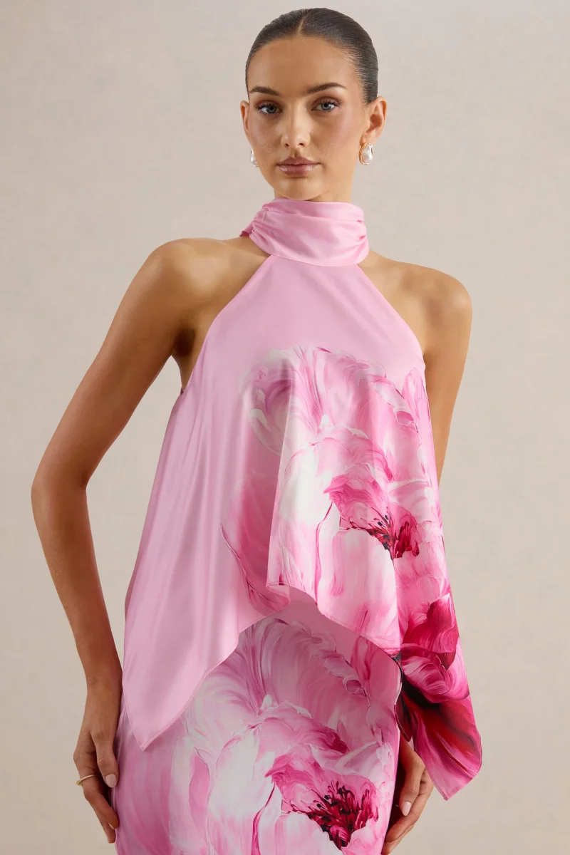 Sancelle | Top de Satén Mate con Estampado Floral de Bordes Rosa y Escote Halter - Imagen 6