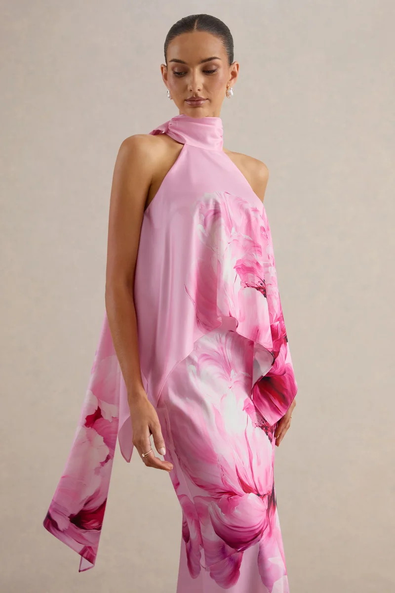 Sancelle | Top de Satén Mate con Estampado Floral de Bordes Rosa y Escote Halter - Imagen 2