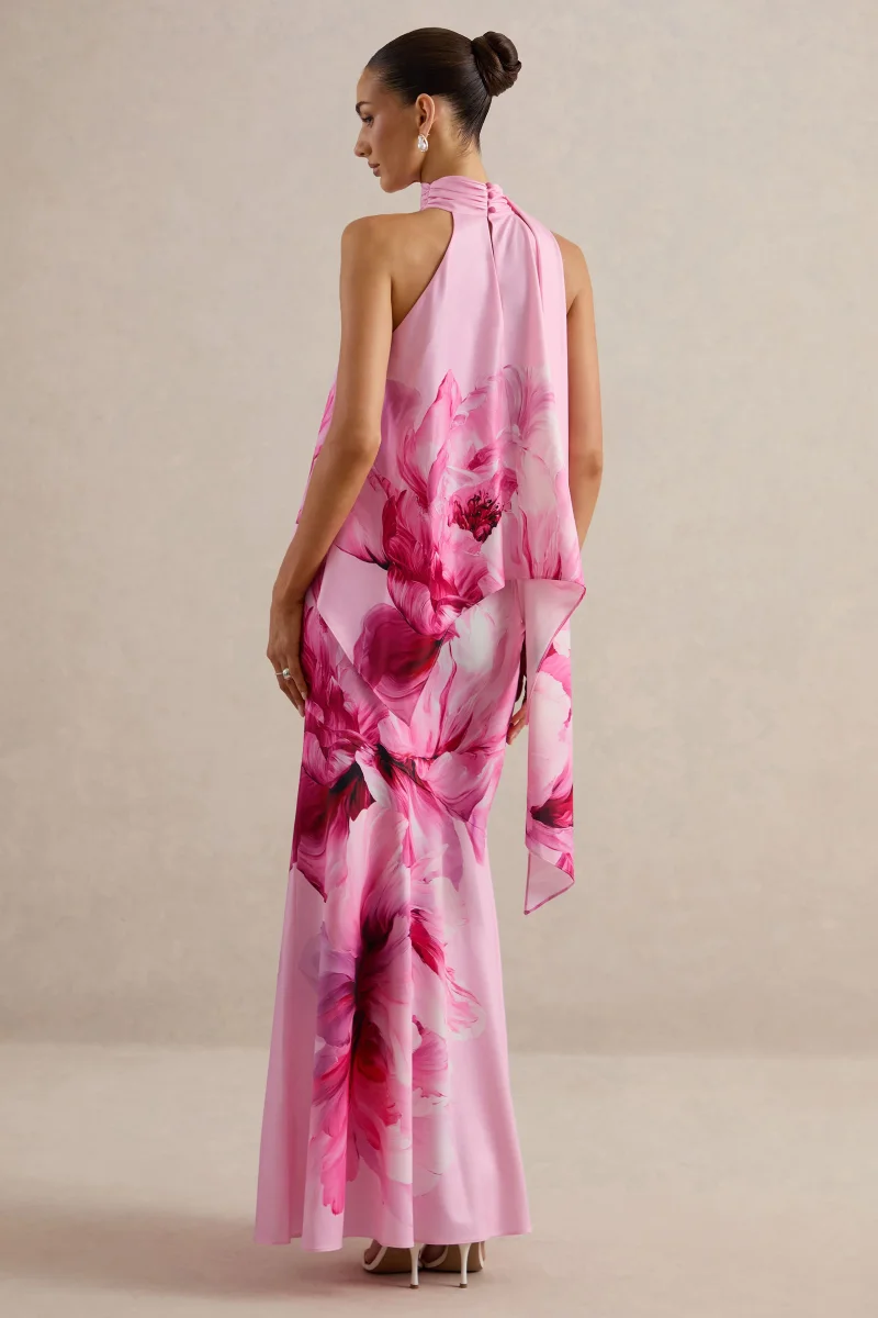 Sancelle | Top de Satén Mate con Estampado Floral de Bordes Rosa y Escote Halter - Imagen 4