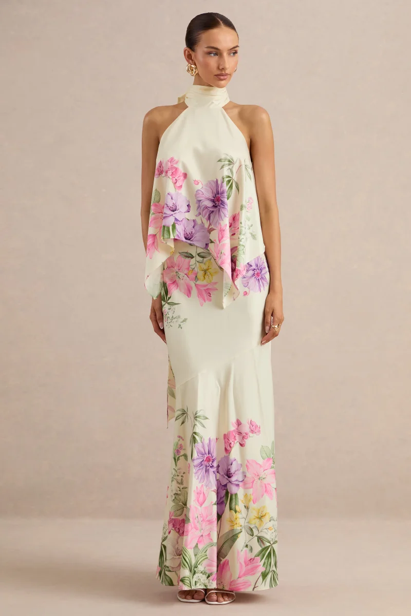 Sancelle | Top de Satén Mate con Estampado Floral de Bordes en Crema y Escote Halter - Imagen 4