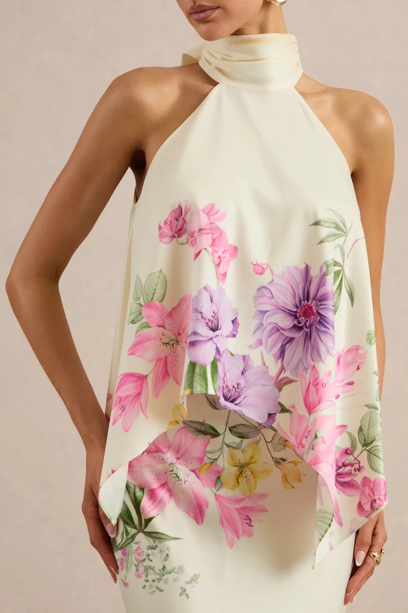 Sancelle | Top de Satén Mate con Estampado Floral de Bordes en Crema y Escote Halter - Imagen 5