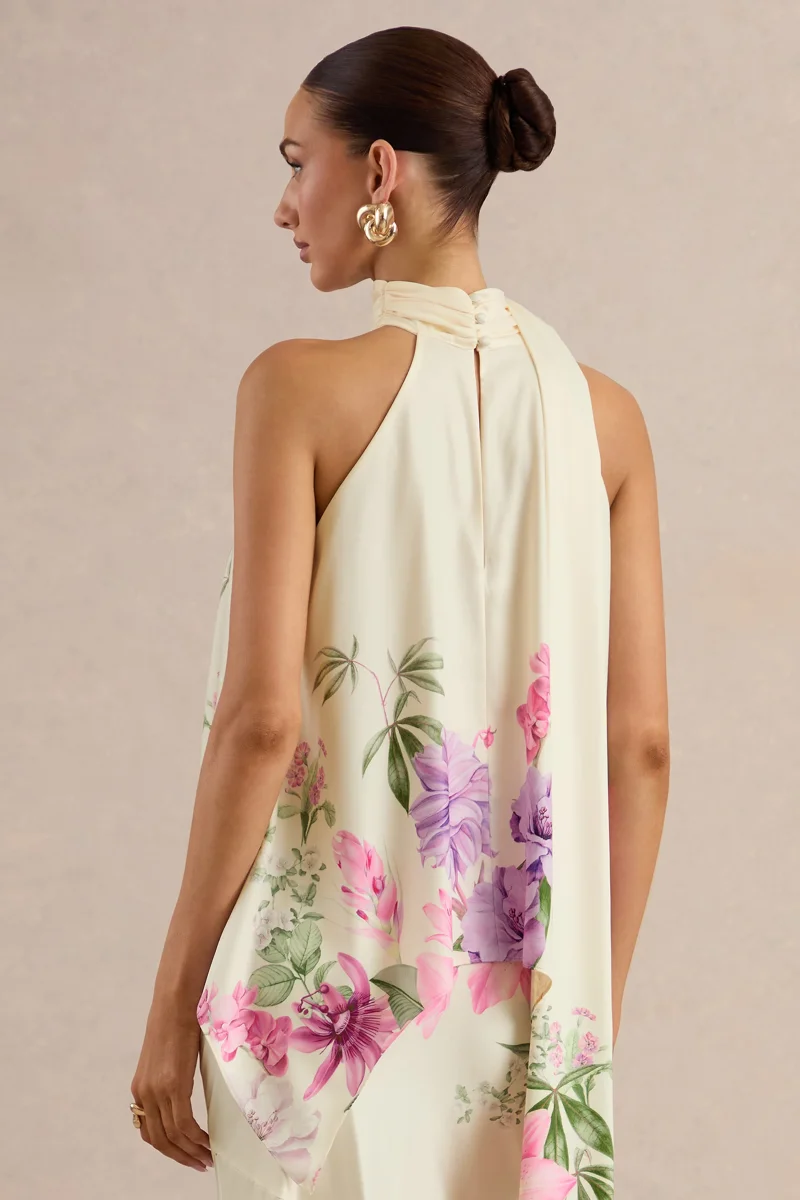 Sancelle | Top de Satén Mate con Estampado Floral de Bordes en Crema y Escote Halter - Imagen 3