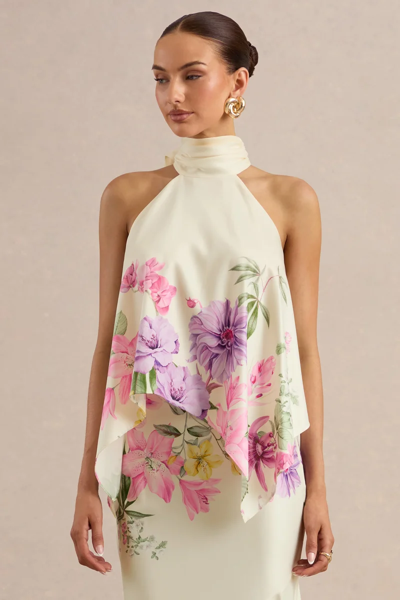 Sancelle | Top de Satén Mate con Estampado Floral de Bordes en Crema y Escote Halter - Imagen 2