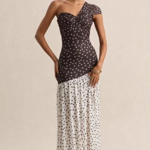 Motira | Vestido Largo Marrón De Lunares Con Escote Asimétrico Y Cintura Caída Asimétrica