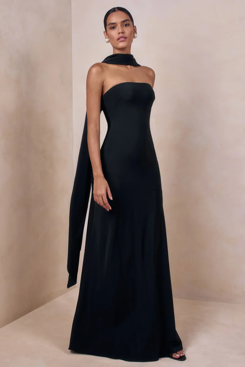 Charly | Vestido Largo Bandeau De Satén En Negro Con Detalle De Pañuelo - Imagen 6