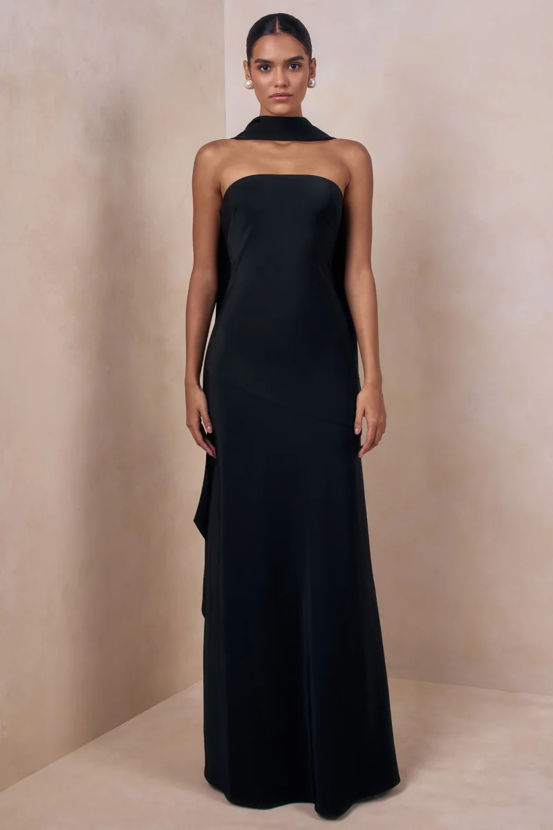 Charly | Vestido Largo Bandeau De Satén En Negro Con Detalle De Pañuelo - Imagen 5