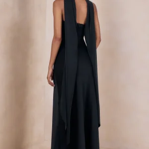 Charly | Vestido Largo Bandeau De Satén En Negro Con Detalle De Pañuelo