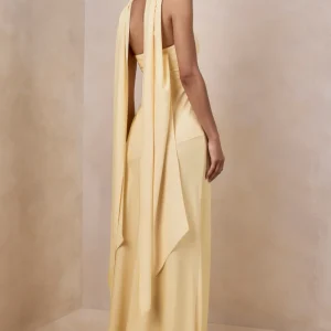 Charly | Vestido Largo Bandeau De Satén En Amarillo Limón Con Detalle De Pañuelo
