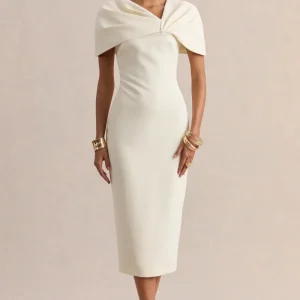 Novalie | Vestido Midi Blanco Con Escote En V Y Detalle Retorcido