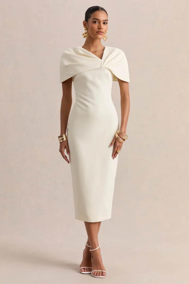 Novalie | Vestido Midi Blanco Con Escote En V Y Detalle Retorcido - Imagen 2