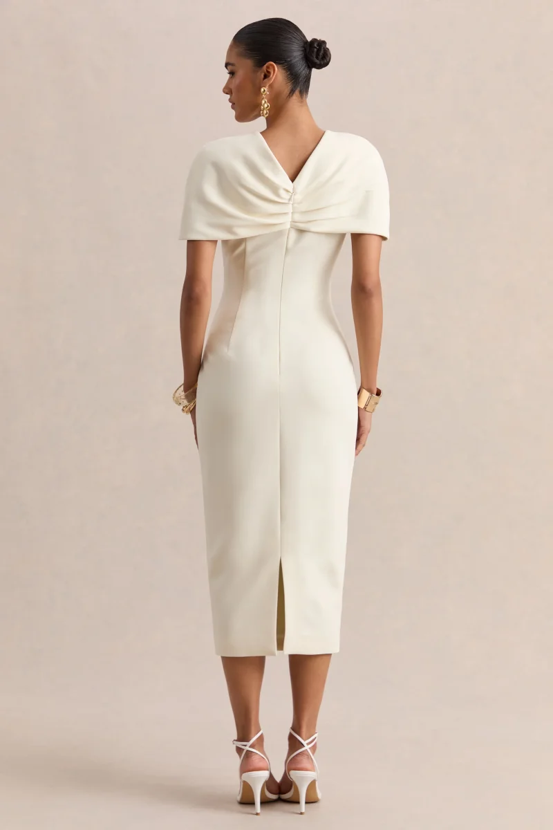 Novalie | Vestido Midi Blanco Con Escote En V Y Detalle Retorcido - Imagen 3