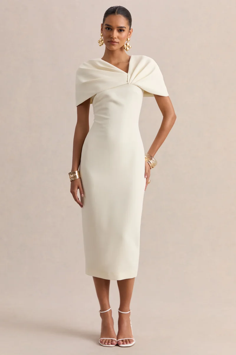 Novalie | Vestido Midi Blanco Con Escote En V Y Detalle Retorcido - Imagen 5