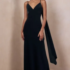 Starling | Negro Satén Escote Pronunciado Vestido Largo con Detalle de Pañuelo