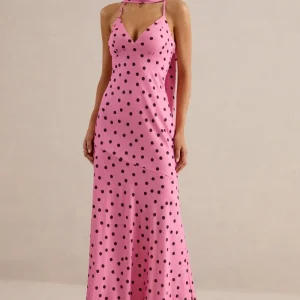Starling | Vestido Largo Rosa Y Negro De Satén Mate Con Lunares, Escote Pico Y Detalle De Pañuelo
